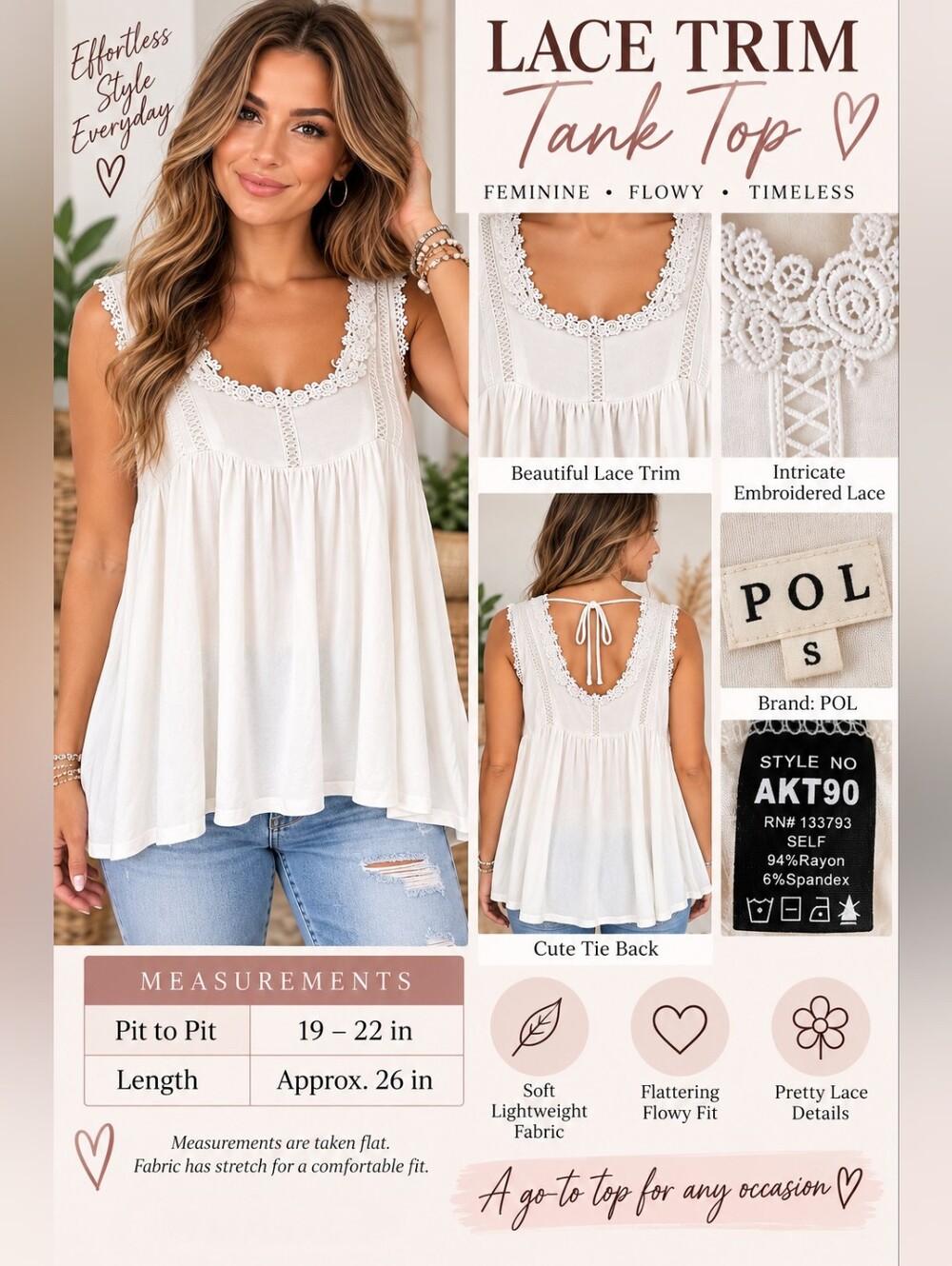 POL Cream Lace-Trim Scoop Neck Tank Top